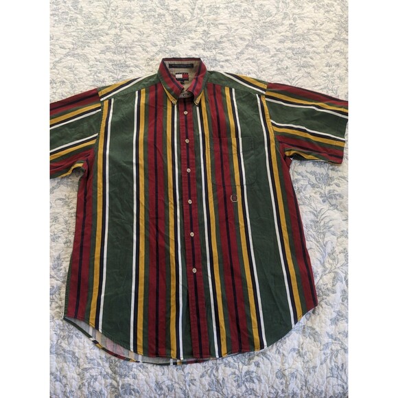 Vtg Y2K 90s Tommy Hilfiger Short Sleeve Button Shirt Multicolor Retro Men’s SZ M - Picture 1 of 11